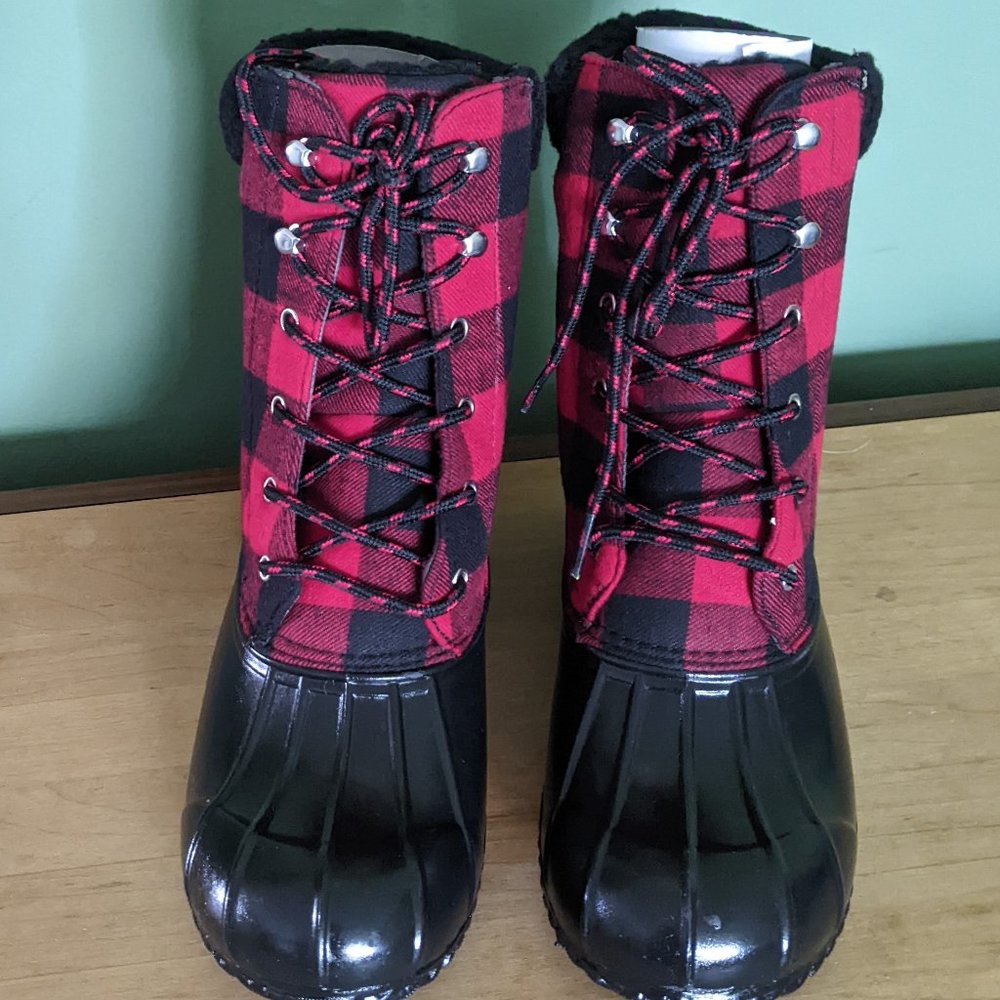 JustFab Red Plaid Boots